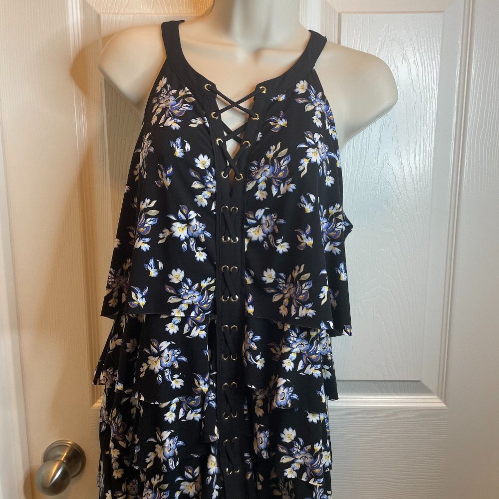 White House Black Market Floral Ruffle Tiered Swing Flowy Stretchy Sleeveless